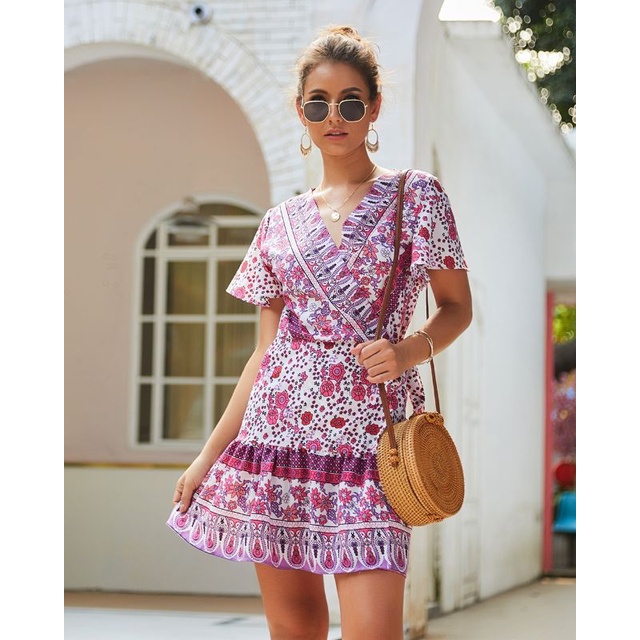 Đầm Ngắn Tay Cổ Chữ V Họa Tiết Hoa Phong Cách Boho Thời Trang Mùa Hè Cho Nữ