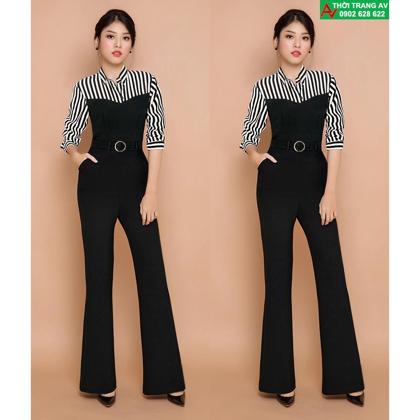 Jumpsuit - Đồ bay dài ống loe tay lỡ phối kẻ sọc xinh xắn (tặng kèm thặt lưng) - AV6212