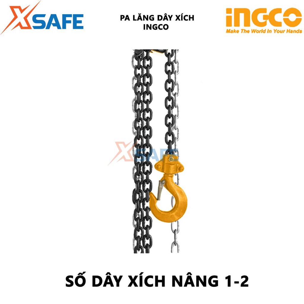Bá lăng xích INGCO trọng lượng nâng 1-2 tấn, độ cao nâng 3m, 1 dây xích nâng, lực chuỗi kéo để nâng tải 284-343N