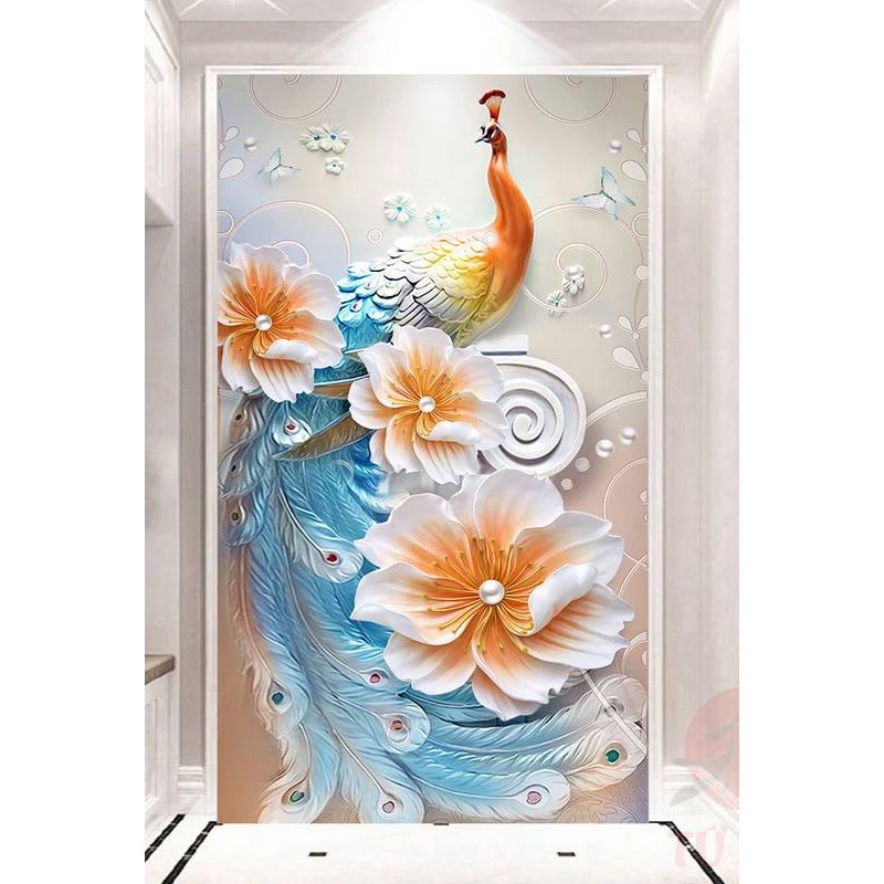 Tranh dán tường 3d chim công BINBIN SN44 (In theo yêu cầu)