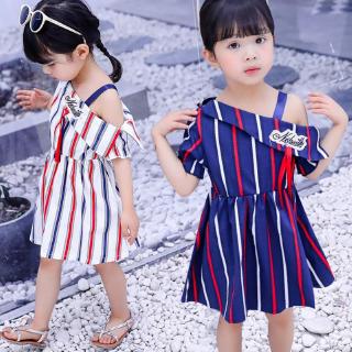 Đầm Trễ Vai Hoạ Tiết Kẻ Sọc Cho Bé Gái