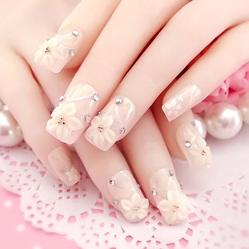Móng tay giả 24 móng họa tiết hoa bột xinh xắn kèm keo dán