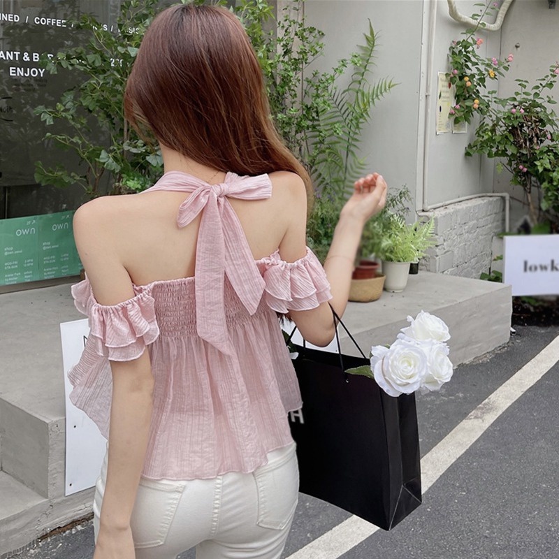 Áo Sơ Mi Tay Ngắn Cổ Yếm Màu Trơn Phong Cách Hàn Quốc Thời Trang Cho Nữ