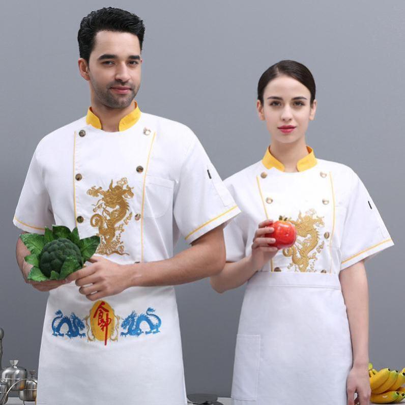 Áo Đầu Bếp Tay Ngắn Thoáng Khí Thêu Hình Rồng Phong Cách Trung Hoa