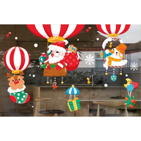 Decal dán tường Noel Hít Tĩnh Điện không Dơ Kính - Giáng sinh trên khinh khí cầu