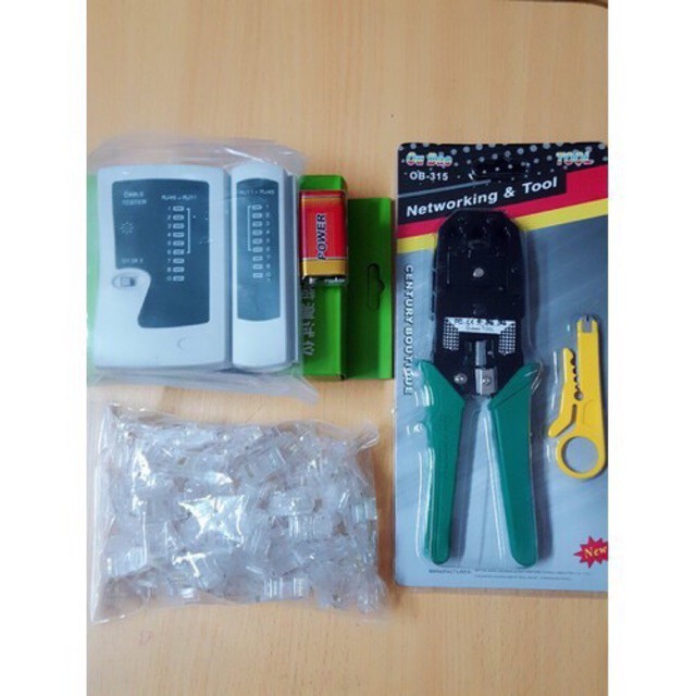 Bộ sản phẩm thi công hệ thống mạng Kìm bấm mạng, Tool nhấn mạng âm tường, Hộp test dây mạng, 100 Hạt mạng JR45