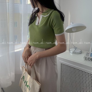 Áo len mỏng cộc tay cổ bẻ viền màu