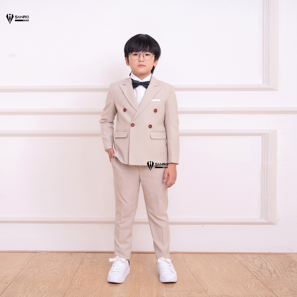 Bộ vest bé trai bốn cúc màu kem sang trọng