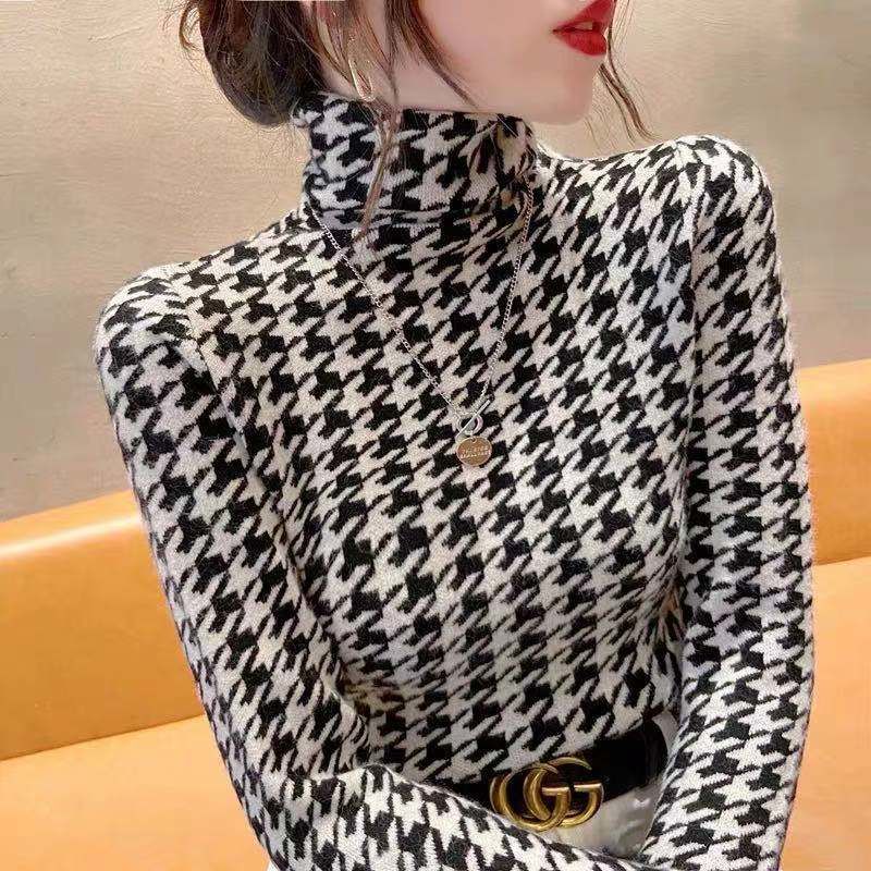 Áo len RENJIANVSHENG cổ cao họa tiết houndstooth thời trang dành cho nữ
