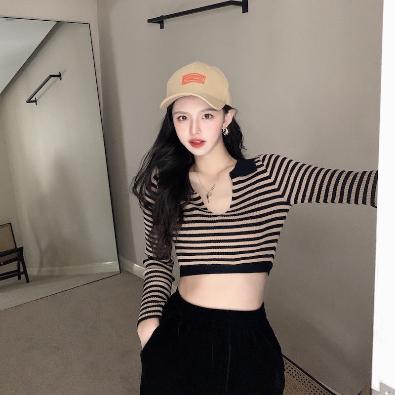 Áo thun polo dệt kim tay dài dáng ôm kẻ sọc thiết kế quyến rũ | BigBuy360 - bigbuy360.vn