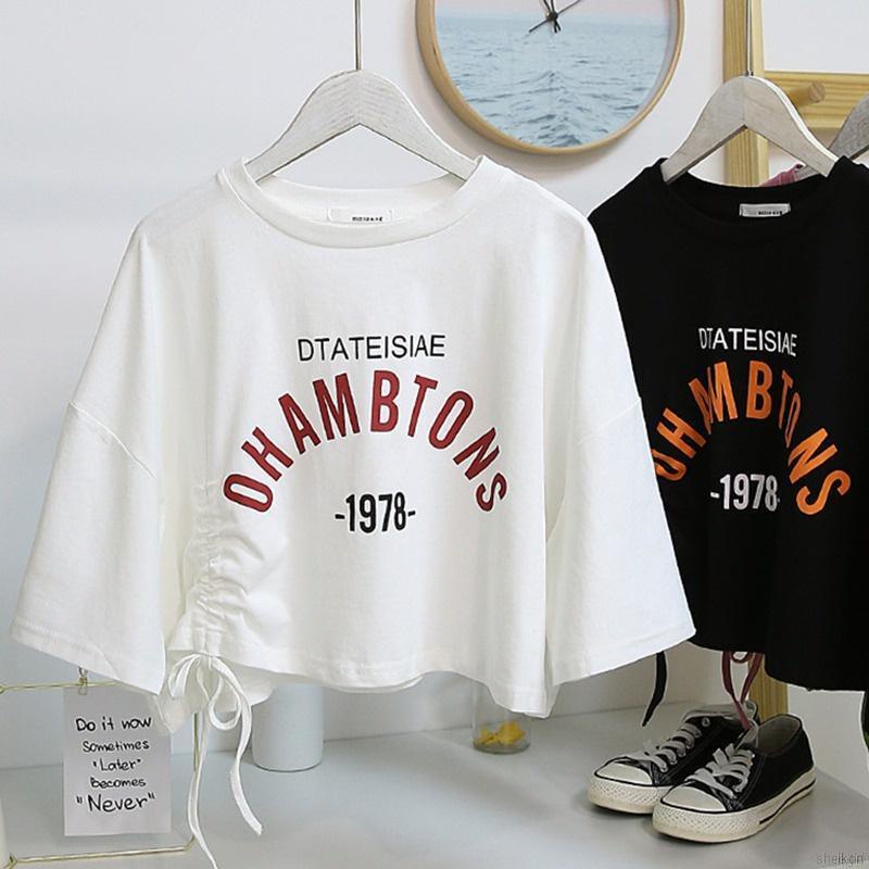 Áo thun lửng ngắn tay dây rút thời trang cho nữ