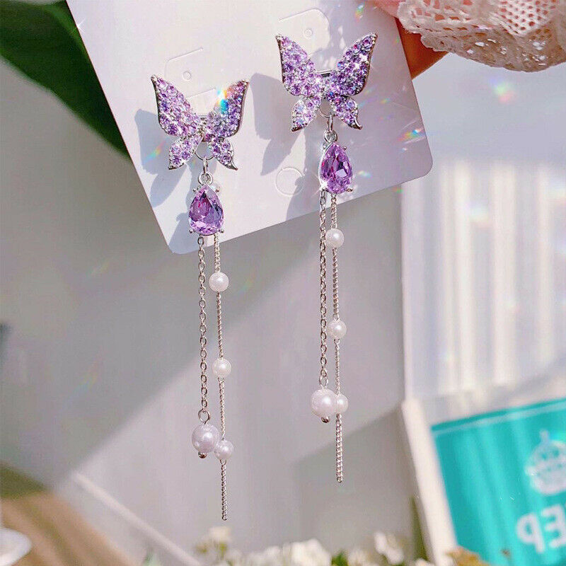 BUTTERFLY Hoa Tai Dáng Dài Hình Bướm Đính Đá Phối Tua Rua Thanh Lịch