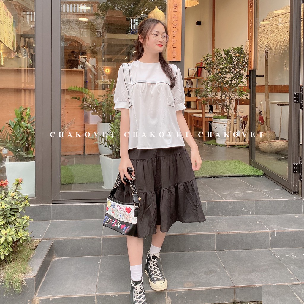 Áo babydoll nữ tay ngắn, kiểu sơ mi nữ cộc tay cổ tròn sành điệu cá tính, áo kiểu nữ họa tiết ngực bèo dáng xinh -cka802 | BigBuy360 - bigbuy360.vn