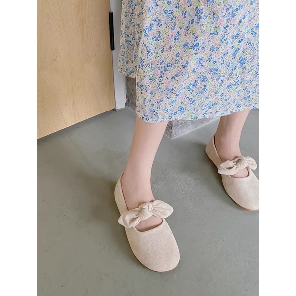 𝖙𝖍𝖊 𝖇𝖑𝖚𝖊 - CÓ SẴN Giày búp bê quai nơ da lộn phong cách nữ sinh Hàn Quốc