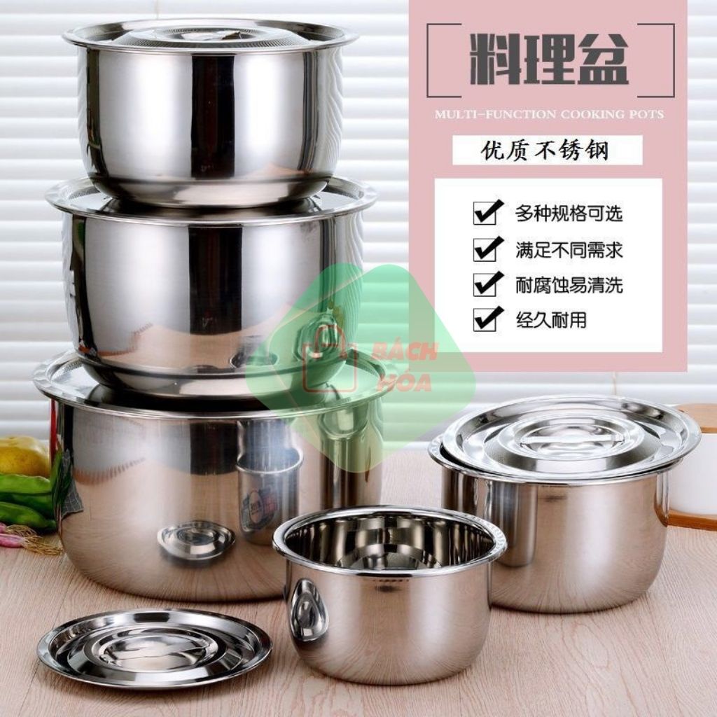 Bộ 5 Nồi Inox Mishio MK82 Không Quai Đủ Kích Cỡ Kèm Năp Tiện Lợi Đa Năng, Nấu Được Nhiều Loại Bếp