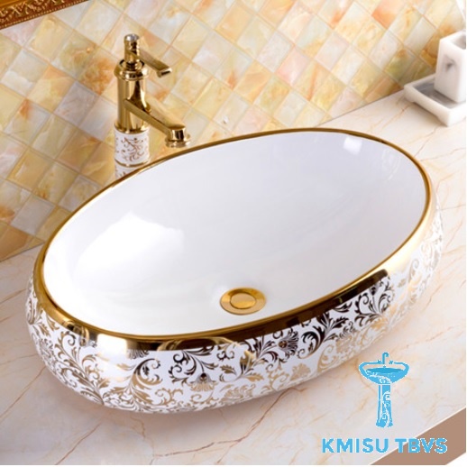 Chậu Lavabo, chậu rửa mặt đặt bàn đá, chậu labo treo tường bầu dục hoa văn vàng - KMISU thiết bị vệ sinh