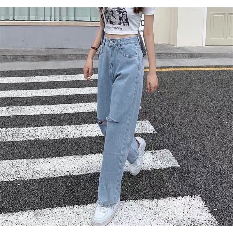 Quần jeans nữ QR01 rách 2 gối form ống suông rộng, jean baggy cá tính năng động hottrend 2022 MÂY_1989