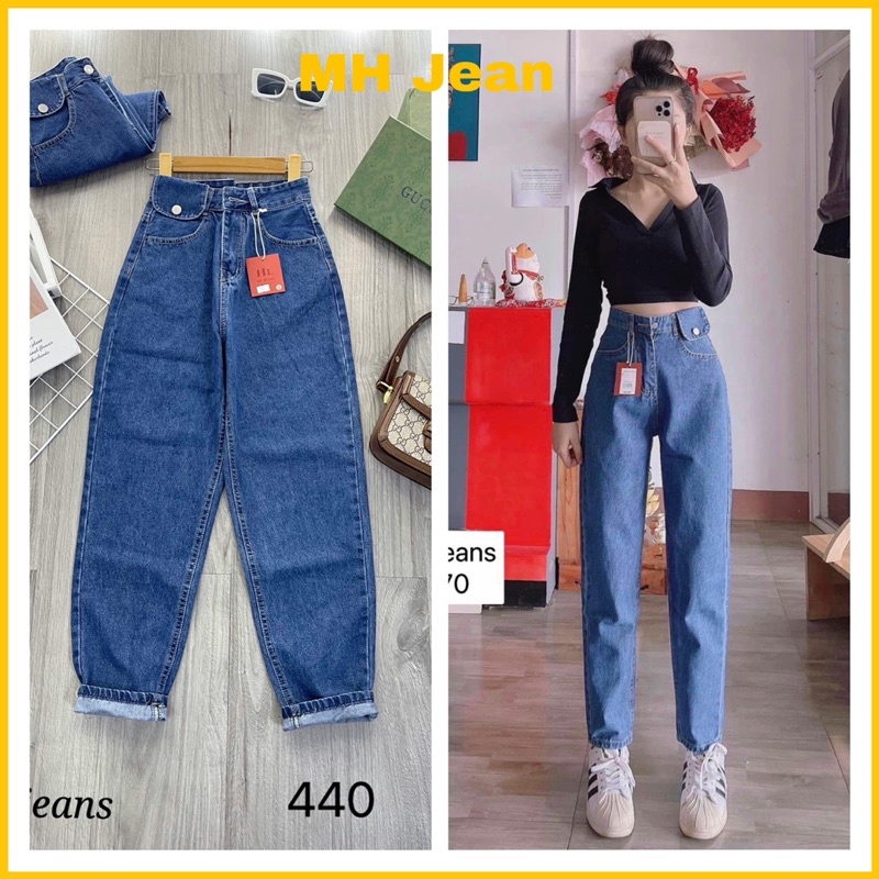 (MH Jean) Quần baggy jean nữ lưng cao nắp túi 1bên màu xanh thời trang H.N.M STORE