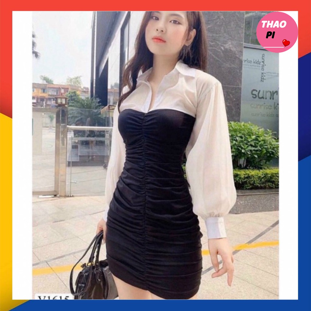 Đầm body cổ sơ mi tay dài nhún siêu đẹp
