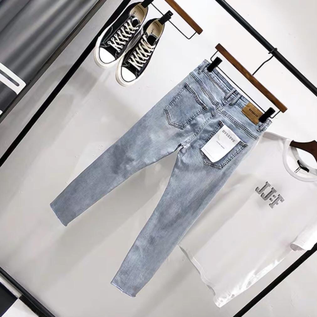 Quần jean nam ống ôm màu xanh trơn rách thêu chữ chất bò co giãn bốn chiều thời trang cao cấp NEWSHOP9600