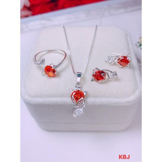 Bộ Trang Sức Hồ Li Bạc Đính Đá Gồm Nhẫn, Dây Chuyền, Bông Tai_Trang Sức Cao Cấp