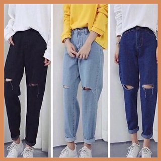 Quần baggy jean nữ rách gối lưng cao Hàn Quốc, quần bò rách gối nữ vải đẹp