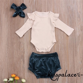 ➤♕❀❤Bộ đồ mùa hè cho bé gái, Áo liền quần dài tay cổ chữ O in hình + Quần short thông thường + Băng đô 3 miếng