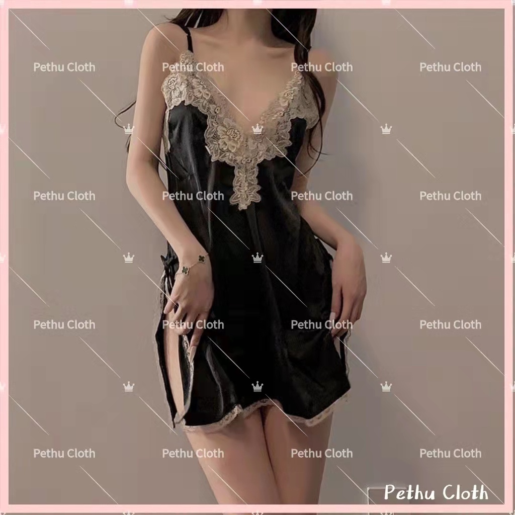 （Cho 65-80kg)Đồ Ngủ Sexyhai dây phối ren chất lụa phi hai dây chất mịn quyến rũ mặc nhà bigsize 40-65kg--022