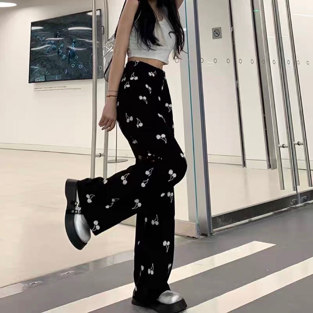 Quần Ngủ Dài Ống Đứng In Họa Tiết cherry Thời Trang Mùa Thu Phong Cách Hàn Quốc Cho Nữ