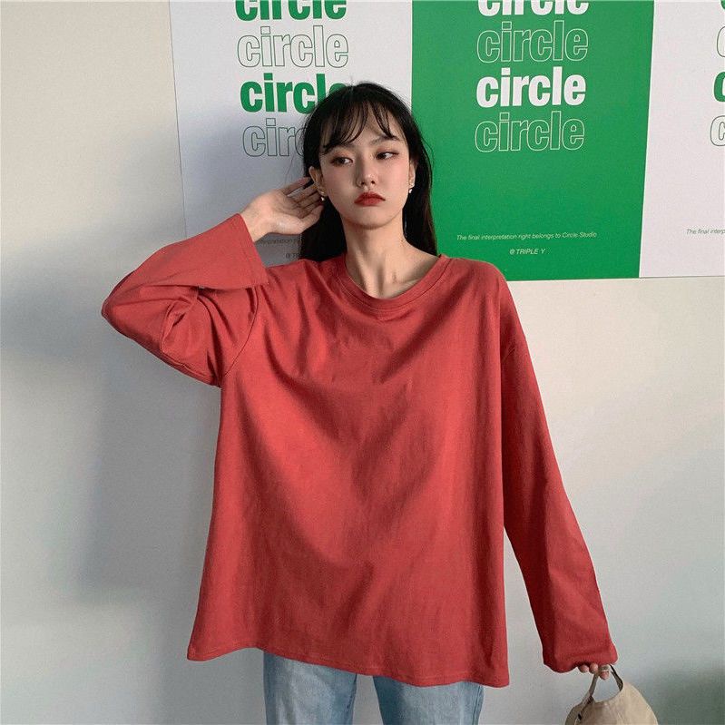 Áo Thun Cotton Tay Dài Dáng Rộng Màu Trơn Phong Cách Hàn Quốc Thời Trang Mới 2022 Cho Nữ Size S-7xl