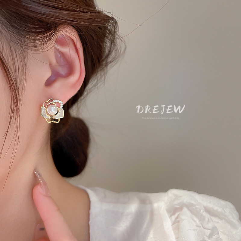 DREJEW Khuyên tai mạ vàng bạc kiểu hoa đính đá ngọc trai đơn giản phong cách Hàn Quốc