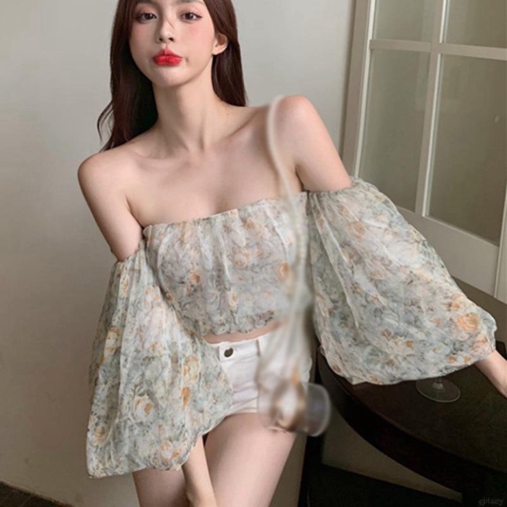 Áo trễ vai tay bồng dài phồng croptop kiểu nữ in họa tiết hoa LUHAZO  dễ thương phong cách Hàn Quốc thời trang mùa hè K