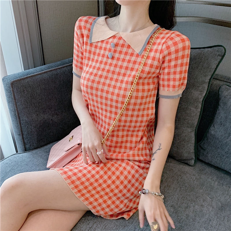 Đầm Dệt Kim Nữ Tay Ngắn Màu Cam Phong Cách Hàn Quốc