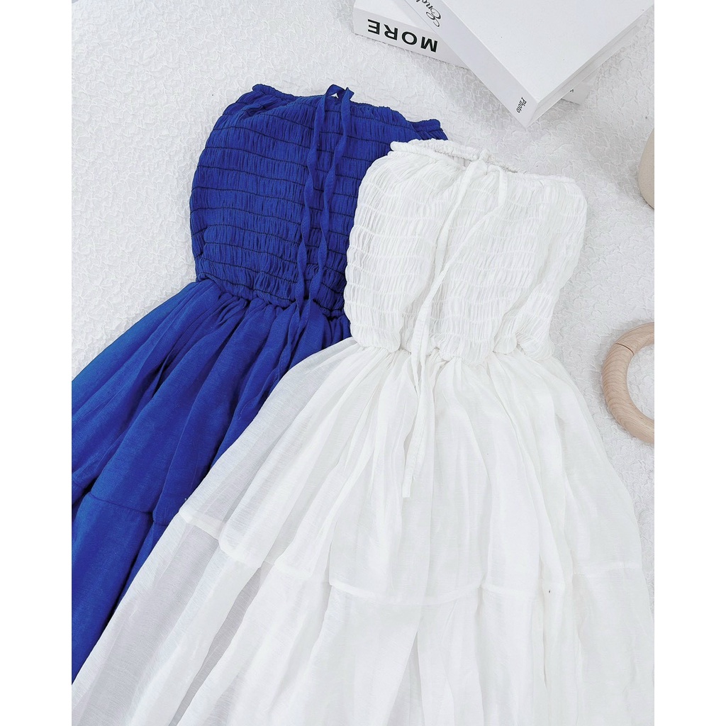 Đầm Maxi 💖DEMISS💖 Váy Maxi Ống Nhún Chỉ Ngực Đi Biển Siêu Xinh - V-Xanh-Trắng-80