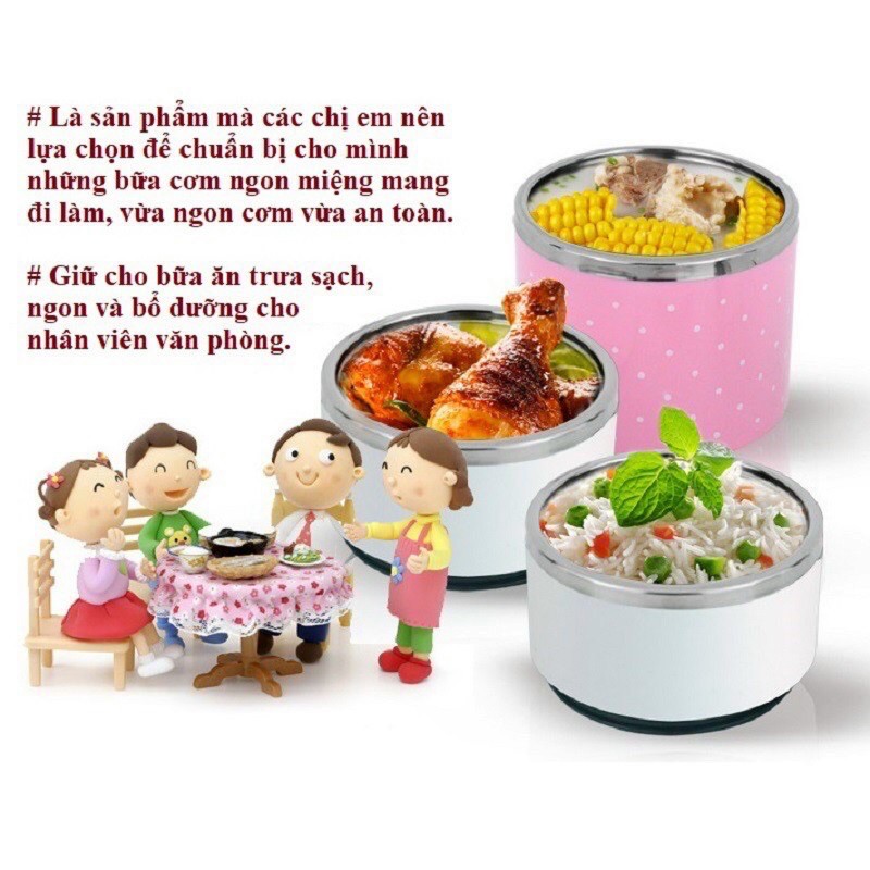 Hộp cơm chấm bi giữ nhiệt thực phẩm ruột Inox 2 tầng