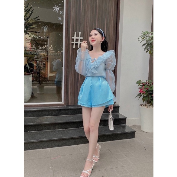 Set áo tơ kiếng bèo tay dài + quần ngắn xanh biển, bộ thời trang tiểu thư sang trọng quý phái thanh lịch dạo phố dự tiệc