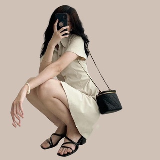 Đầm váy nữ basic cổ sơ mi cài cúc chiết eo lưng chun-SIKY VX09