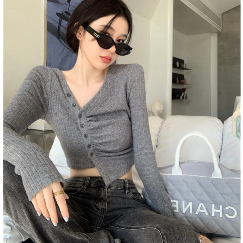 Áo Croptop Dệt Kim Tay Dài Thiết Kế Hợp Thời Trang