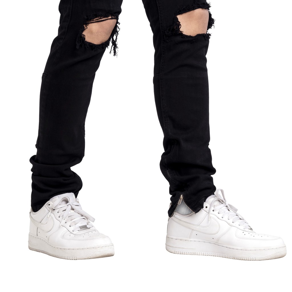 Quần jean nam streetwear cao cấp FNOS Z9 màu đen rách gối form slimfit có zip jean co giãn | BigBuy360 - bigbuy360.vn
