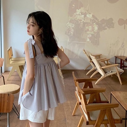 Set đồ nữ áo 2 dây kẻ xanh buộc nơ vai babydoll kèm quần đùi trắng, Set đồ nữ áo hai dây kẻ xanh nơ vai mix quần shorts
