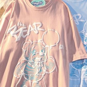 Áo thun ZHELIHANGFEI ngắn tay dáng rộng in hình gấu phong cách Preppy dễ phối đồ