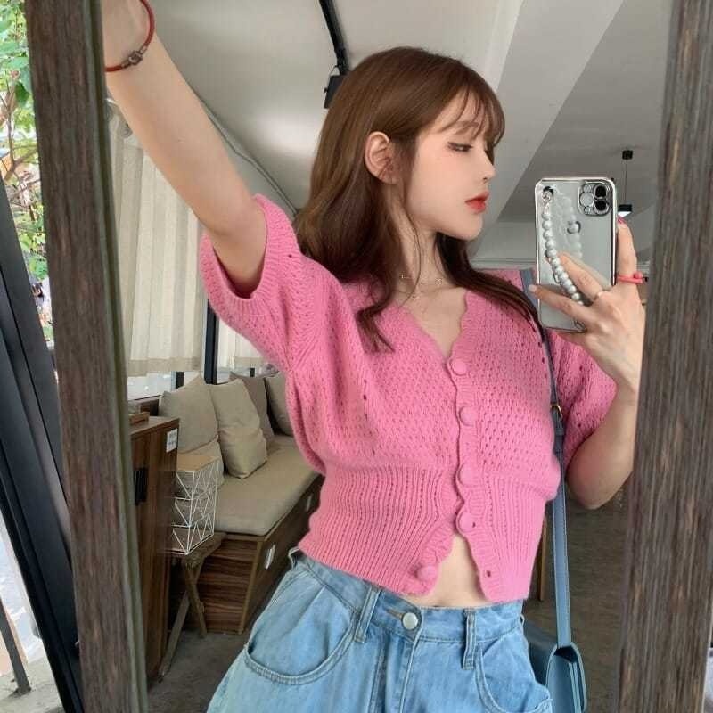 Áo Cardigan Dệt Kim Tay Phồng Cổ Chữ V Dáng Ôm Thời Trang Mùa Hè Cho Nữ