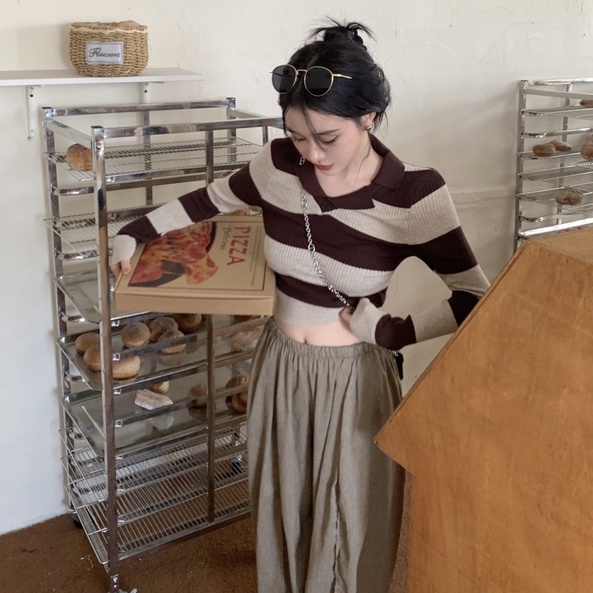 【ZHELIHANGFEI】Áo Dệt Kim Tay Dài Cổ Bẻ Họa Tiết Kẻ Sọc Thời Trang Cho Nữ