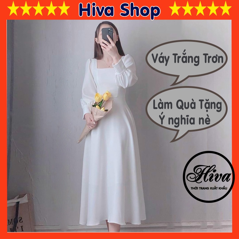 Váy trắng dự tiệc cổ vuông body dài tay dáng xòe chụp ảnh kỷ yếu , Đầm nữ thiết kế ulzzang