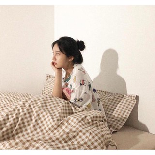 Bộ Chăn Ga Gối Cotton Poly Nhập Khẩu Caro nâu be Chăn Ga Hàn Quốc Đủ Size Miễn Phí Bo Chun