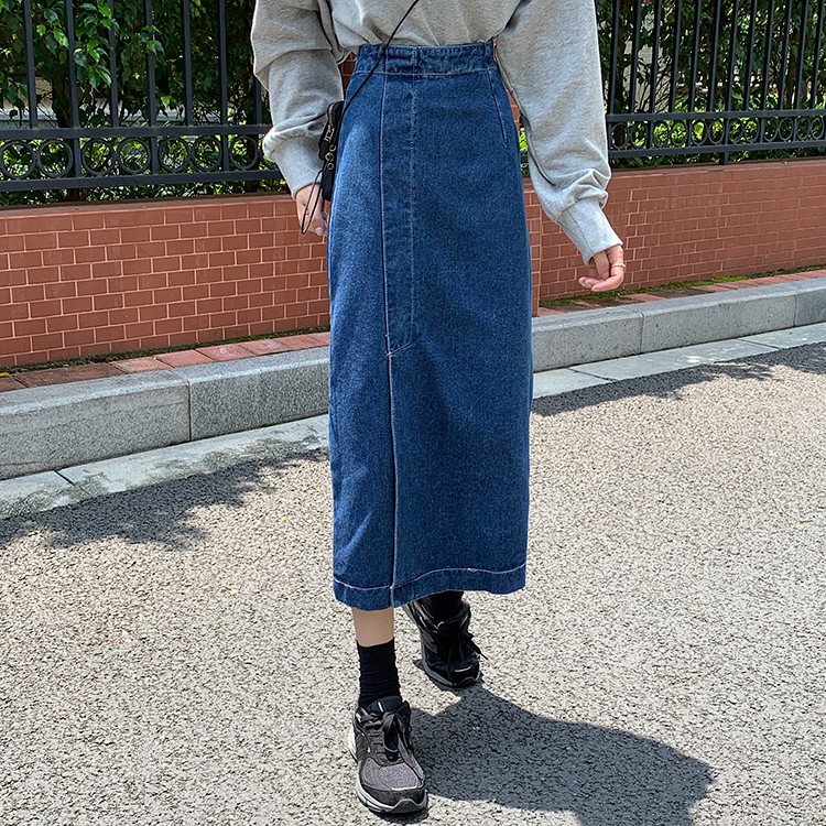 Chân váy jean dài cạp cao xẻ tà thời trang 36975