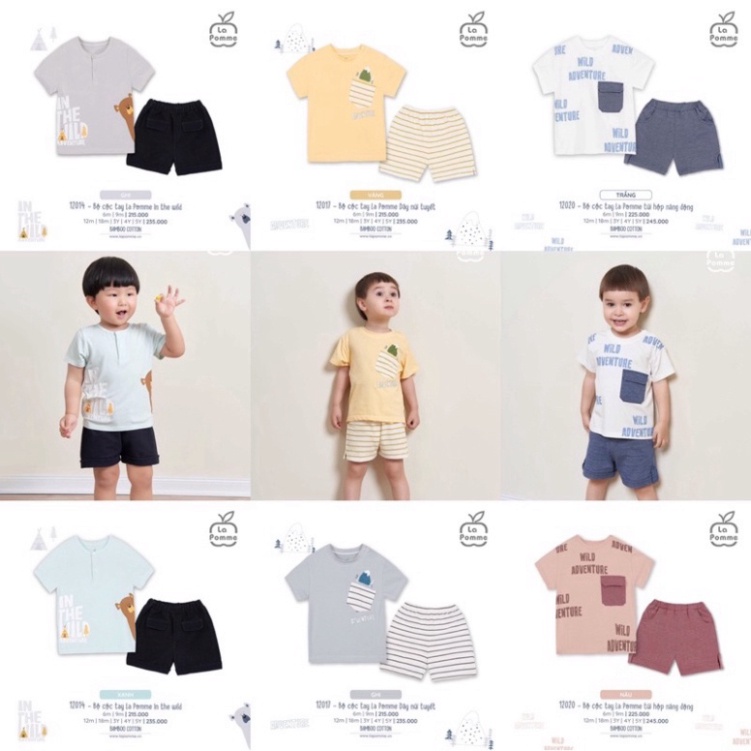 Bộ ngắn tay bé trai La Pomme nguyên liệu thông thoáng mềm mại và mượt mà kích thước từ 6M-5Y - BST Xuân hè