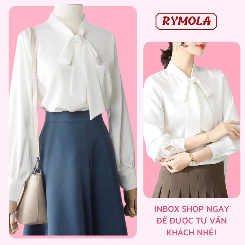 Áo Sơ Mi Kiểu Công Sở Đẹp MOLA Tay Dài Cổ Thắt Nơ Màu Trắng Chất Lụa Cao Cấp From Rộng Hàn Quốc Ulzzang Vintage A1T