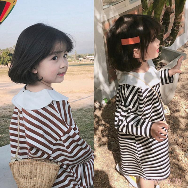 Đầm công chúa tay dài cổ búp bê kẻ sọc dễ thương phong cách Hàn Quốc thời trang xuân thu dành cho bé gái