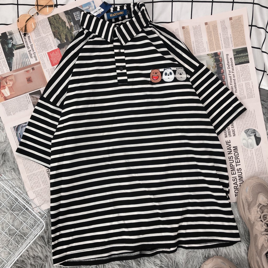 Áo polo kẻ thêu gấu ulzzang - ẢNH THẬT